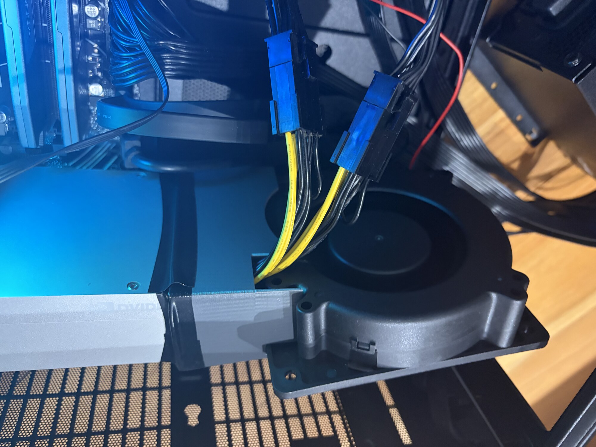 Side view of the 120 mm blower ducted onto the CMP 170HX passive heatsink
