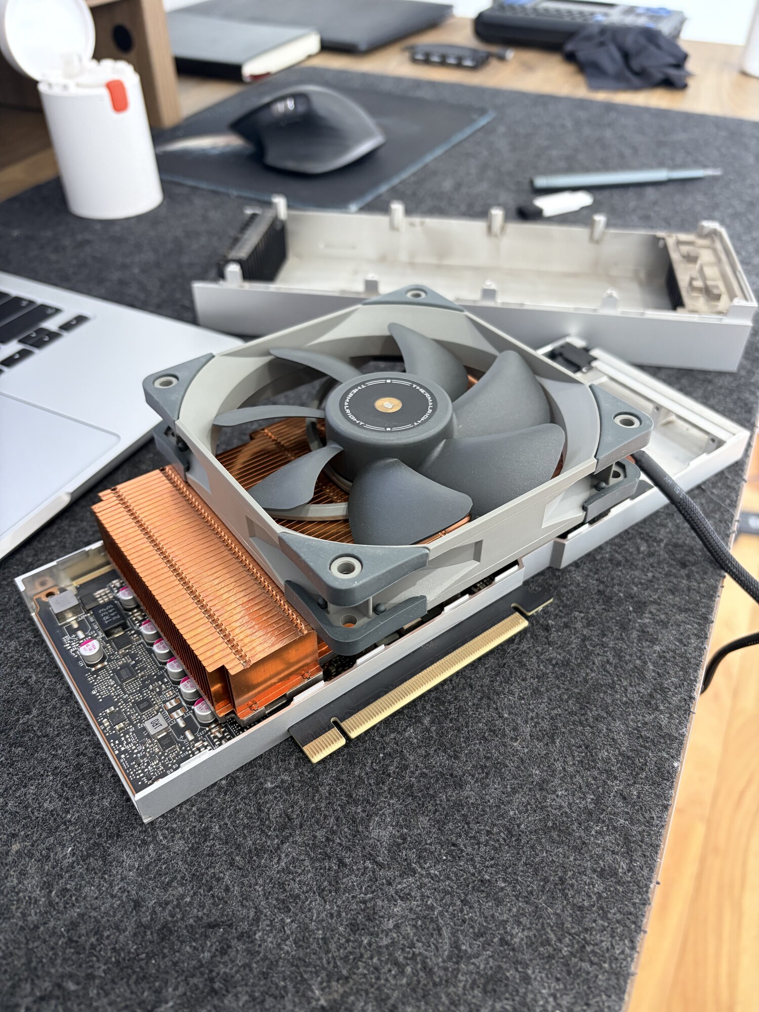 CMP 170HX stock heatsink with shroud opened to expose the fin stack