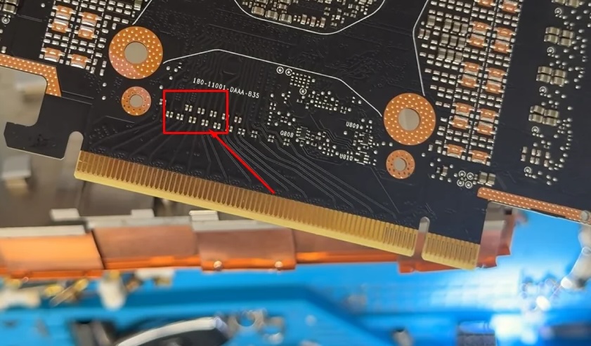 PCIe edge of a CMP 170HX with the AC coupling capacitor pad area marked